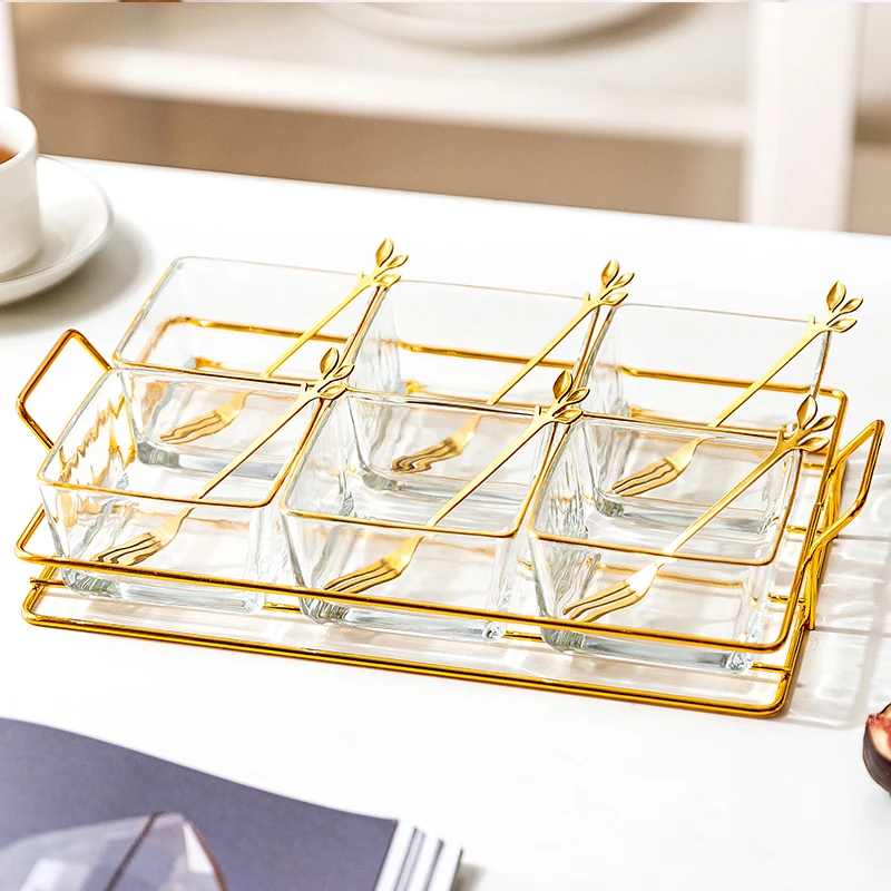 Phnom Penh Grid Snack Tray Candy Nuts Seeds Plate Glass Dry Fruits Dishes Home Desktop With Metal Frame Serving Snack Plates