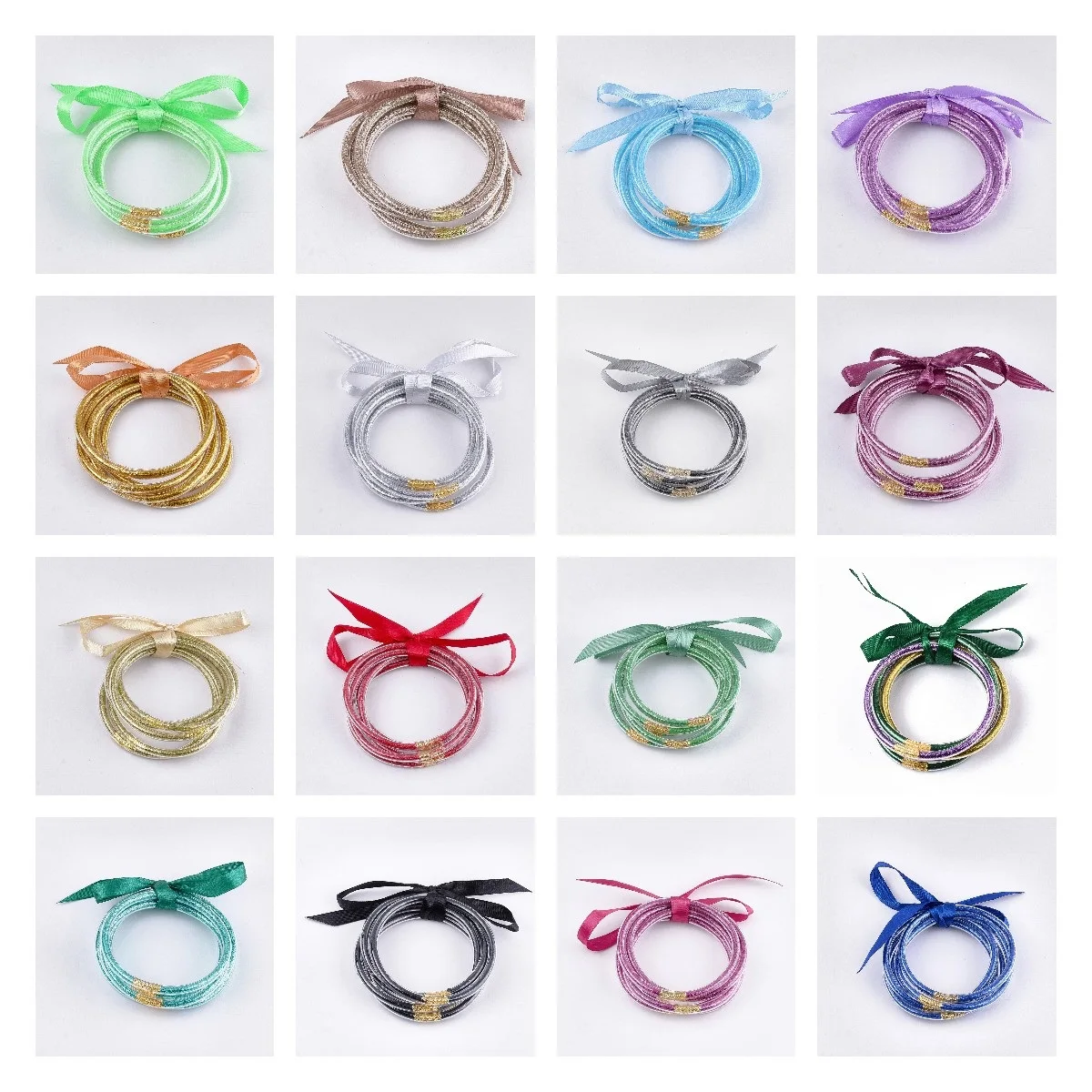 5sets/lot Polyester Ribbon Bow-knot Glitter Bangles Colorful Plastic Bracelet Bangle Sets For Women Girls Trendy Jewelry Gift