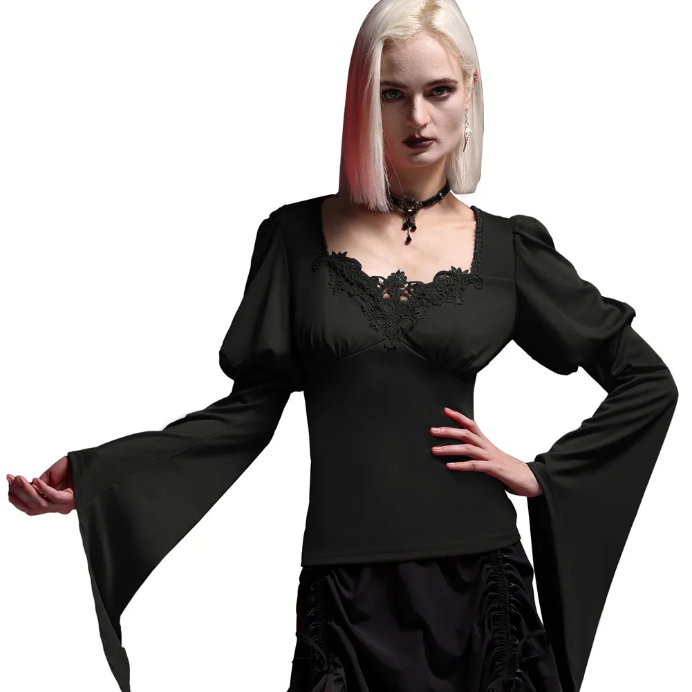 Women Gothic Blouses Puffed Sleeve Tops Spring Fall Clothes Long Sleeve Square Neck Lace Decorated Tops Renaissance Punk Shirt