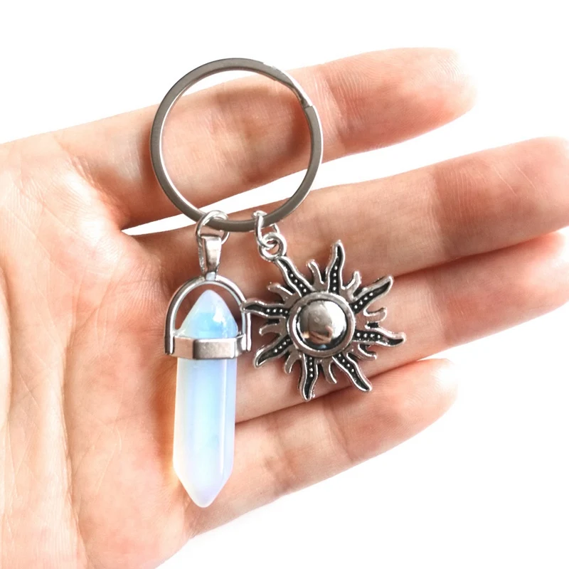Natural Stone Hexagonal Column Couple Keychain Women Opal Quartz Key Chains With Sun Moon Trinket Wedding Party Lovers Gift