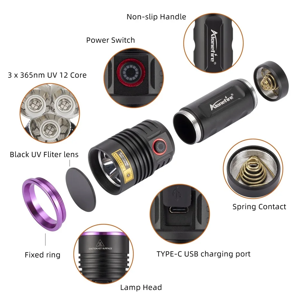 60W Hochleistungs-365nm-UV-Taschenlampe, Schwarzlicht, wiederaufladbar, zur Untersuchung von Katzen- und Hundeflecken, Markierungen, Erz, Geld, Skorpione, Fluoreszenzprüfung – Detail 9