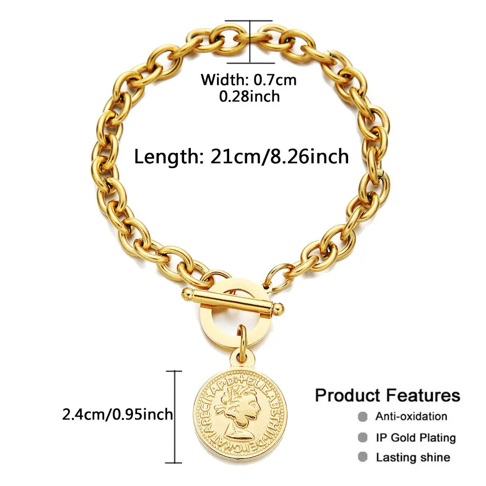 Vintage Stainless Steel Beauty Head Coin Charms Bracelets for Women OT Buckle Toggle Bracelet Hip Hop Jewelry Gifts