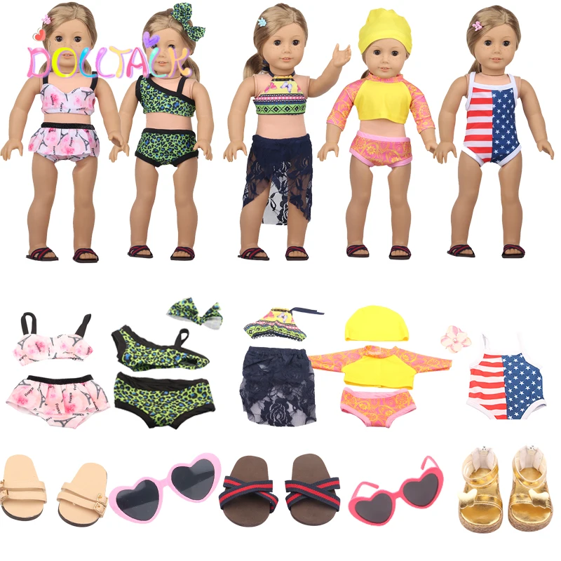 New Solid costume da bagno Doll Bikini + occhiali da sole costume da bagno sandali da spiaggia nuoto Fit Reborn Baby 43cm ragazze 18 pollici bambole americane