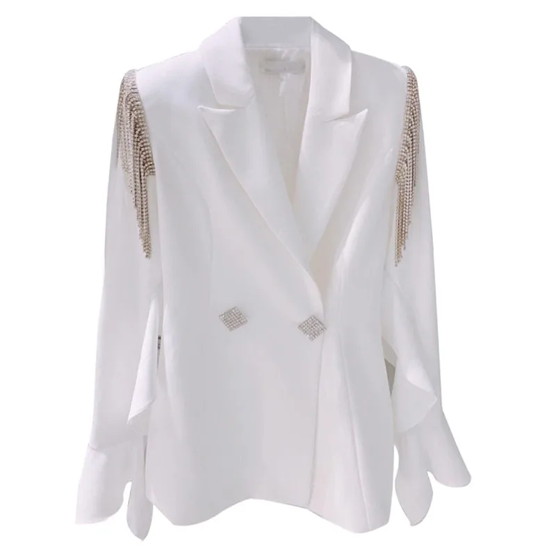 Blazer bianchi da donna Fashion Design giacca da abito con maniche a volant in nappa di cristallo sezione sottile elegante Blazer doppiopetto da donna