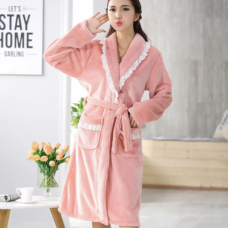 

Winter Flannel Robe Women Kimono Bath Gown Lapel Nightgown Thick Bathrobe Warm Coral Fleece Sleepwear Lace Trim Home Clothes