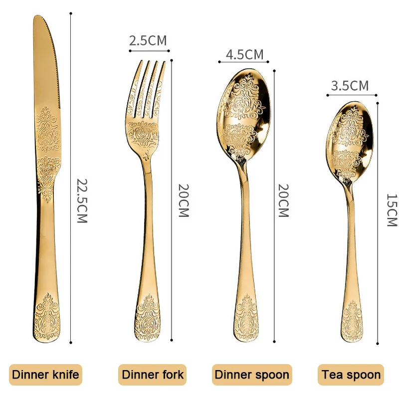 Golden European Cutlery Sets,Retro Western Dinnerware set luxury Gold spoon and Fork Set,Cutlery Tableware Dishwasher Safe