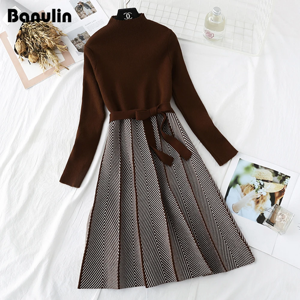 Banulin High Collar A-line Knit Dress Women's 2022 Autumn Winter Thickened Arrow Striped Women Elegant Sashes Knitted Dress