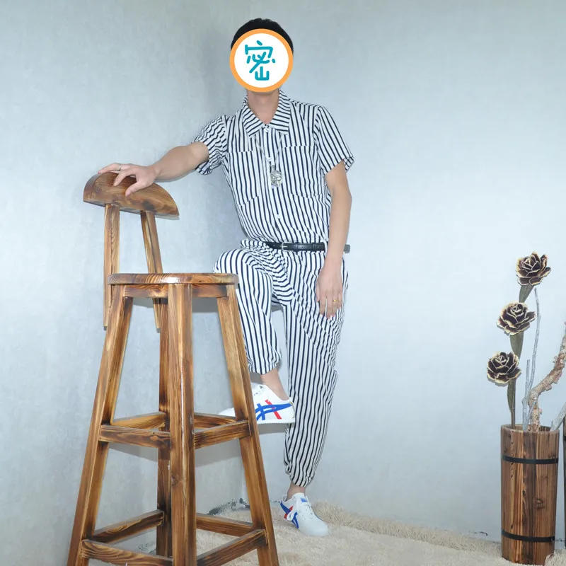 Spring and summer thin section loose casual lapel jumpsuit tide male holiday striped feet jumpsuit hip hop nine pants