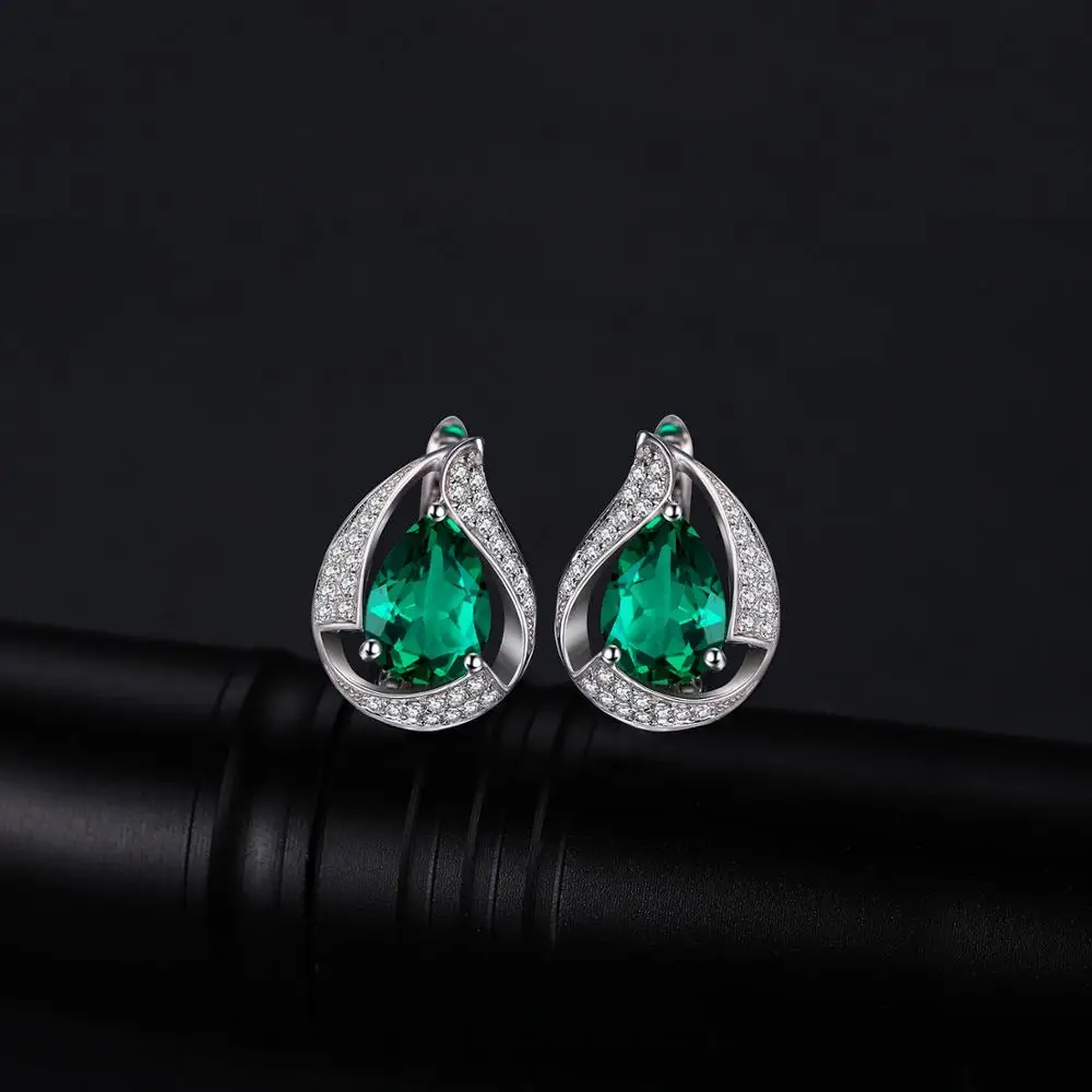 JewelryPalace Green Simulated Nano Emerald 925 Sterling Silver Hoop Clip Earrings for Women Statement Pear cut Gemstone Jewelry