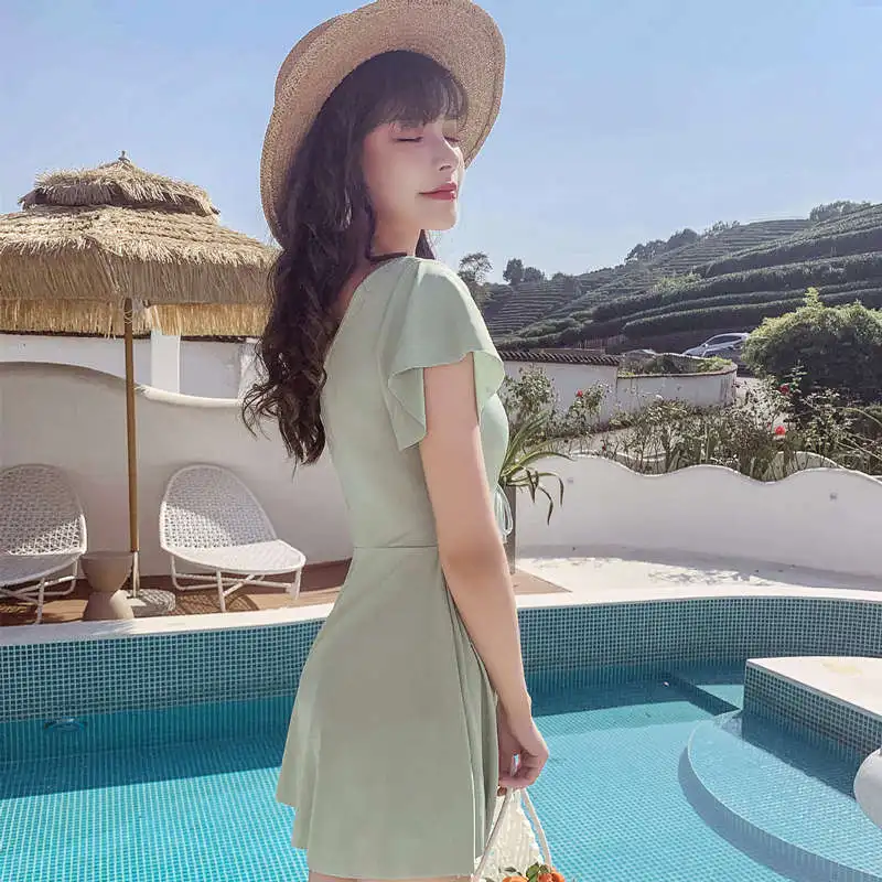 2024 South Korea's New Solid Color Dress Hot Spring Flying Sleeves V-Neck Cross Straps Low-Cut Conservative Small Fresh Swimsuit