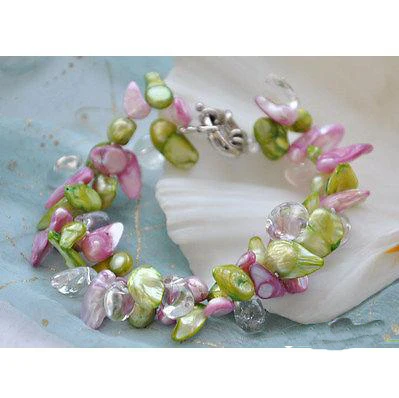 

New Arrival Baroque Pearl Bracelet 2Rows Tail Green Pink White Genuine Freshwater Pearls Crystal Beads Fashion Jewelry Charming