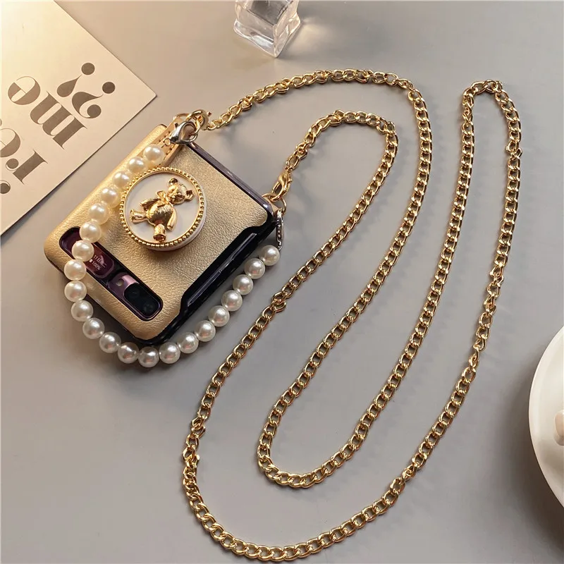 Pearl Hand Chain Bear Holder Phone case For Samsung Galaxy Z Flip 3 With Metal Lanyard Bracket Z Flip Cover