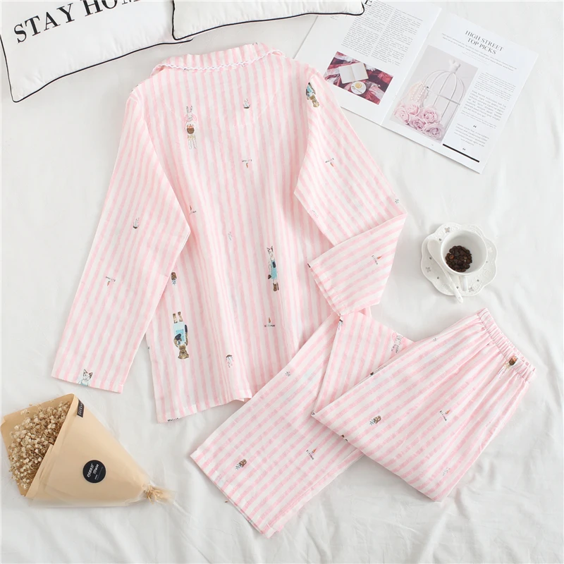 Korea Fresh maple leaf pajama sets women 100% gauze cotton long sleeve casual sleepwear women pyjamas summer hot sale 2024