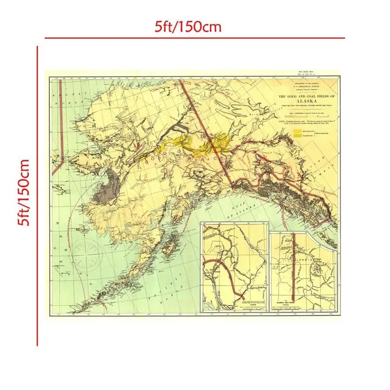 خريطة غير منسوجة بطول 5 × 5 أقدام ، وحقول الذهب والفحم في ألاكا في إصدار 1898 ، وخريطة لغرفة المعيشة ، وديكور جدران المكتب