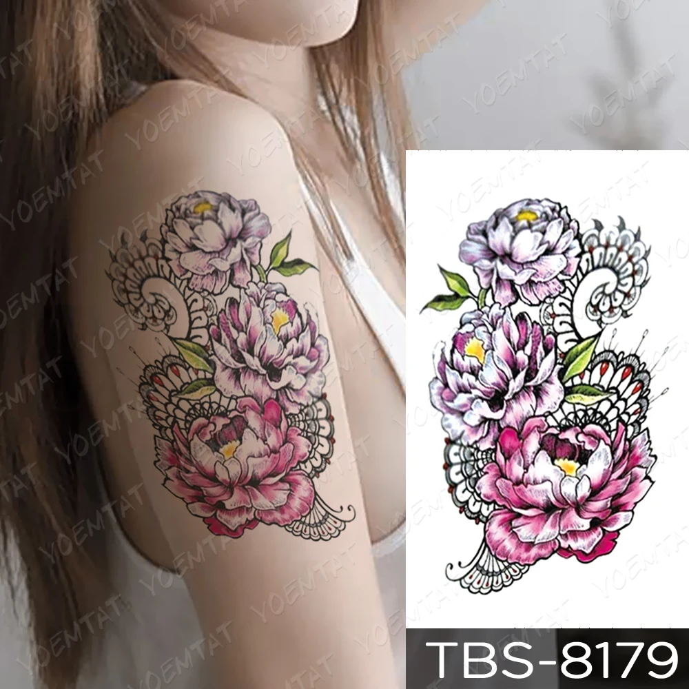 

Temporary Tattoo Sticker Waterproof Rose Peony Pink Flower Sexy Tato Arm Shoulder Leg Women Girl Body Art 2021 Glitter Kids Tatu