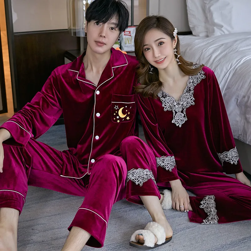 

Autumn Winter New Couple Pyjamas Gold Velvet Pajamas Lapel Korean Velour Homewear Men Women Suit Sleepwear Nightwear