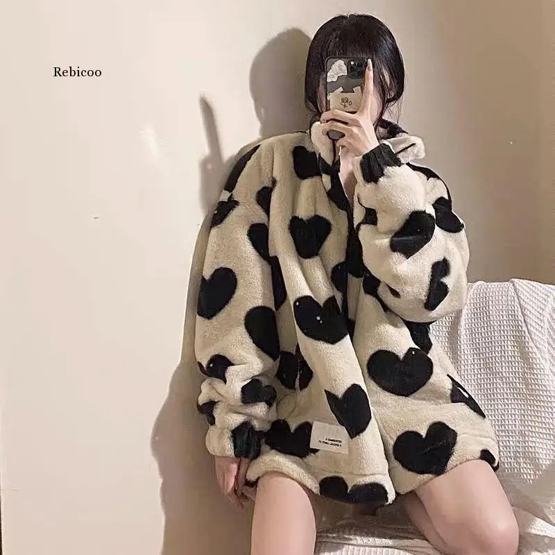 Sweetness Winter Heart Pattern Padded Down Teddy Fur Jacket Coat Women Thicken Warm Faux Fur Overcoat Fluffy Cozy Loose Outfits