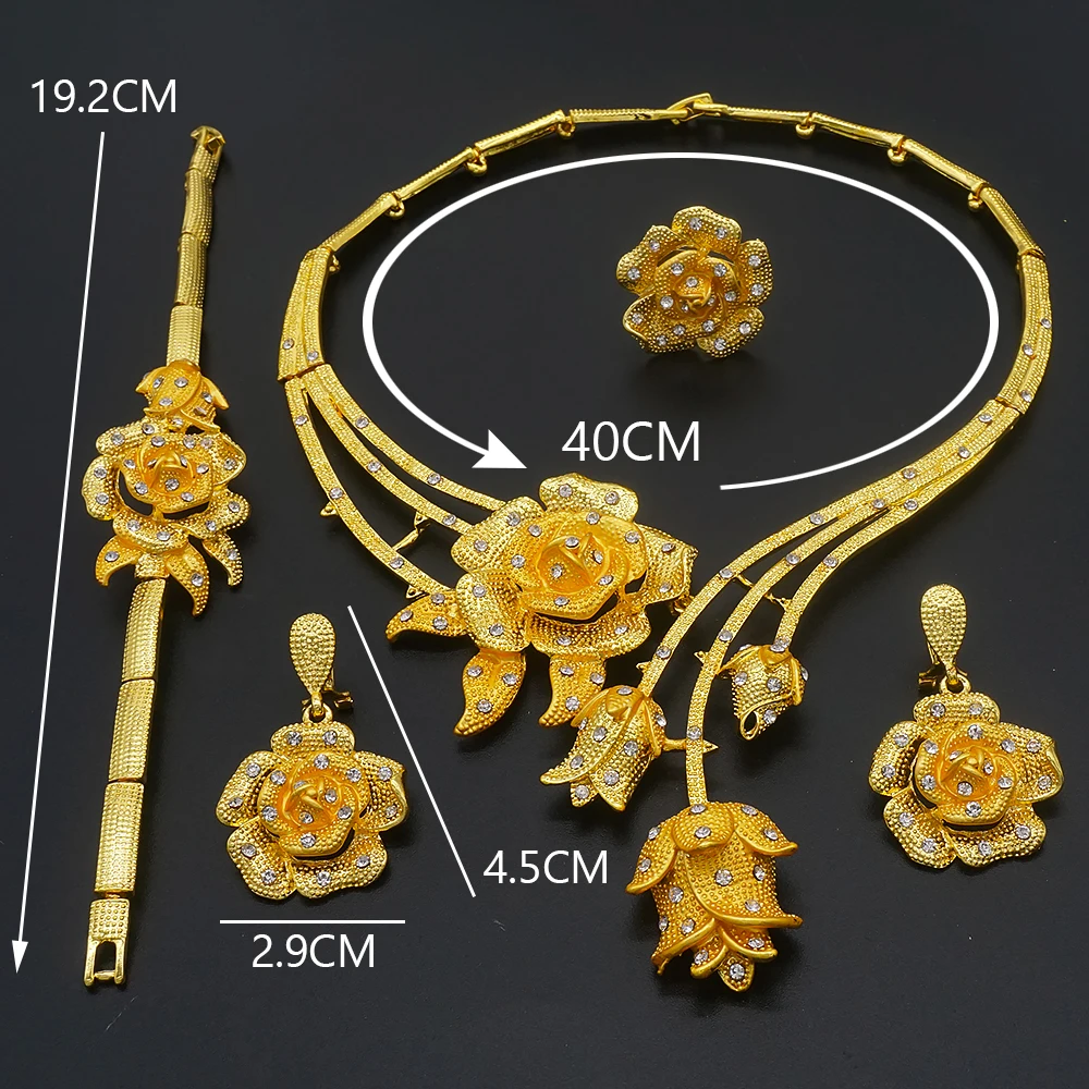 Braccialetto della collana di disegno del fiore della rosa Set di gioielli di colore dell\'oro di Dubai per i monili dell\'anello degli orecchini da