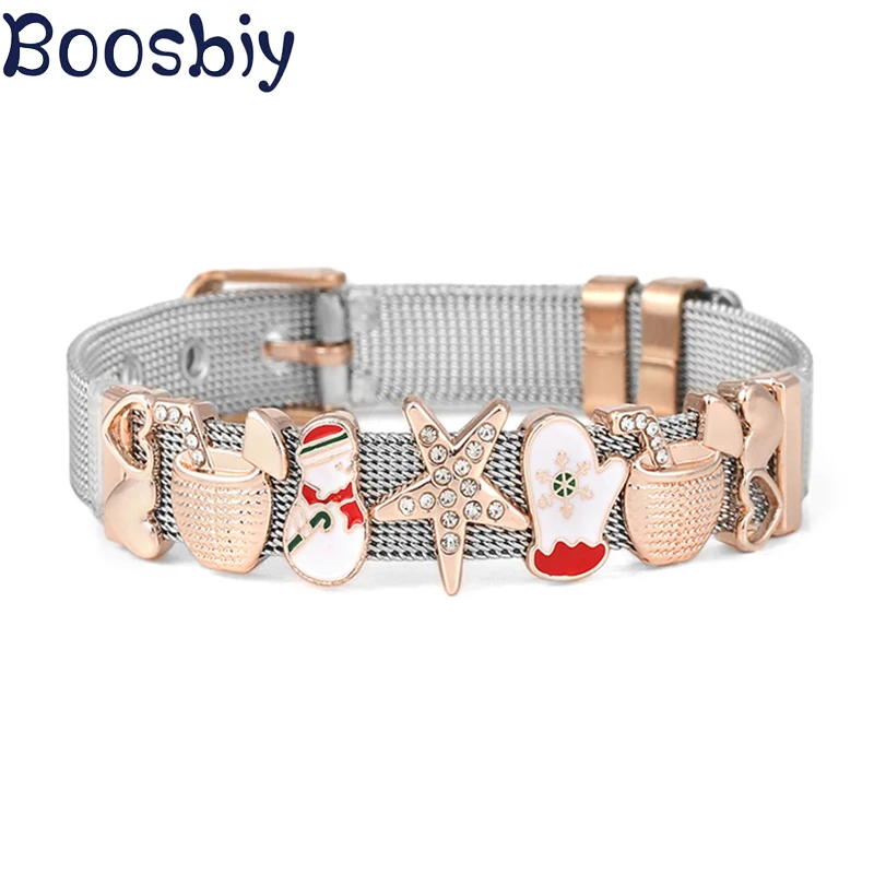 Cute Snowman Slide Charm Beads Fit 10mm Stainless Steel Mesh Bracelet for Women Men Christmas Jewelry Gift New Design