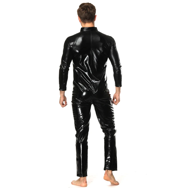 S-4XL Wet Look Catsuit Long Sleeve Close Zipper Open Crotch Bodysuit Sexy Tights Jumpsuit Mens Hot Shapers Leotard Body Clubwear