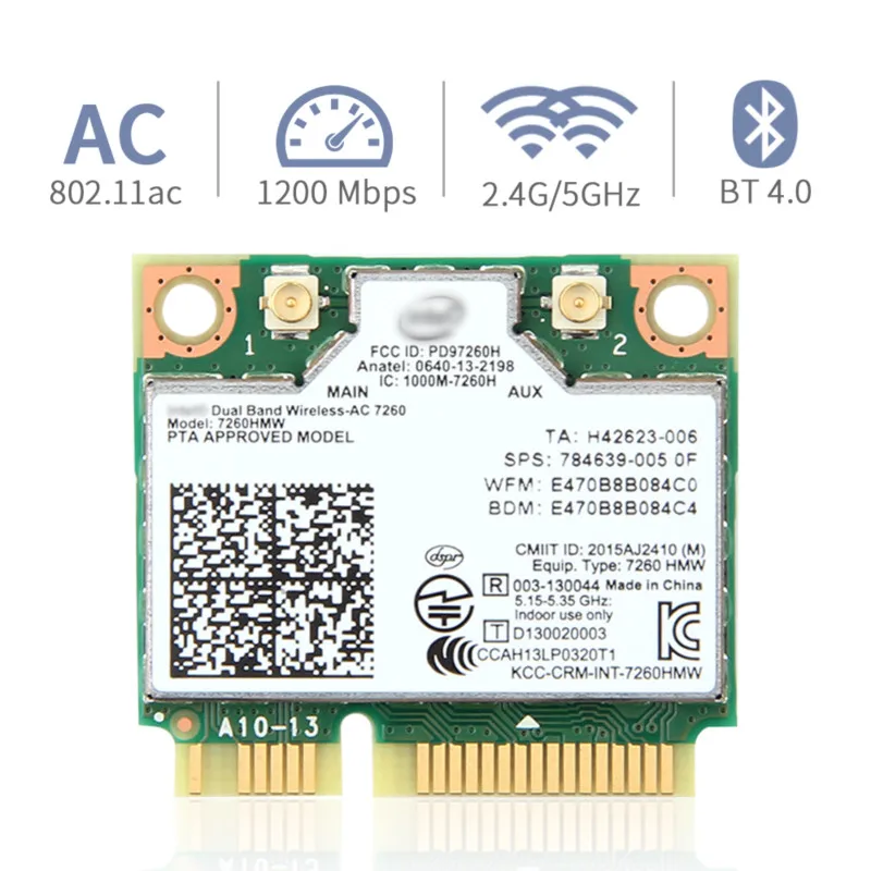 인텔 7260 7260HMW 7260AC 미니 PCI-E WiFi 카드용 듀얼 밴드 2.4G/5Ghz 802.11ac Wi-Fi Bluetooth 4.0 Wlan 어댑터 Win 7/8/10