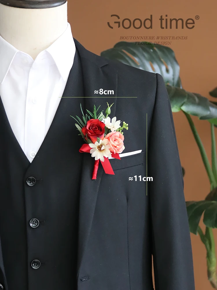 GT Silk Corsages Boutonnieres Wedding Decoration Marriage Rose Wrist Flowers for Guests RED