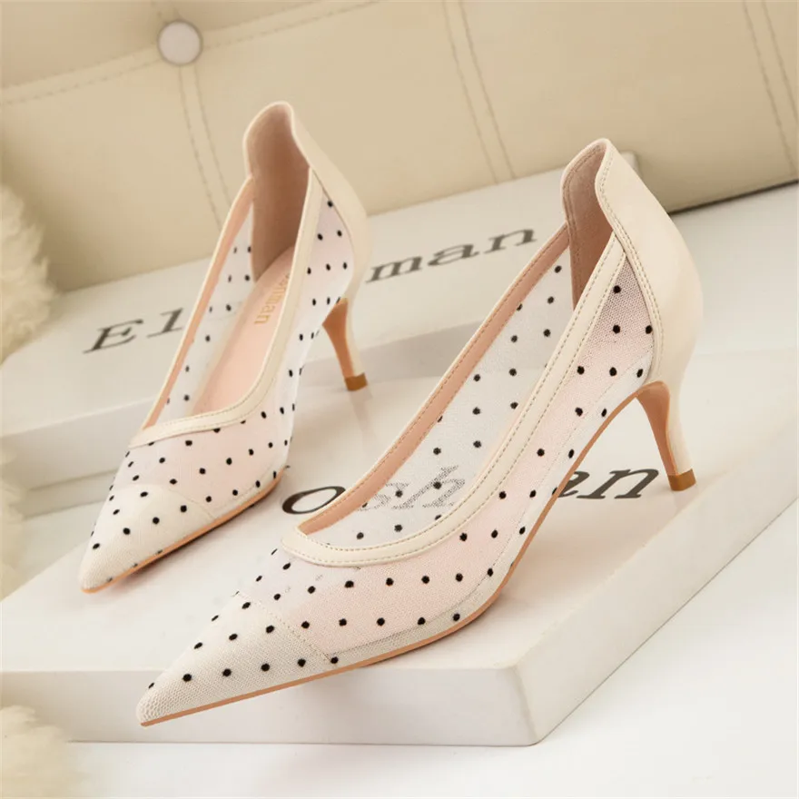 2023 New Mesh Hollow Sexy Polka Dot scarpe da festa da donna scarpe a punta Comfort tacchi sottili décolleté femminili Shallow Ladies Work Shoe Dress