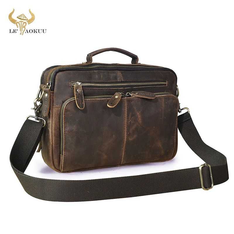 

Crazy Horse Leather Male Horizontal Design School Messenger Cross-body bag Vintage College Tablet Tote Mochila Satchel bag 8059