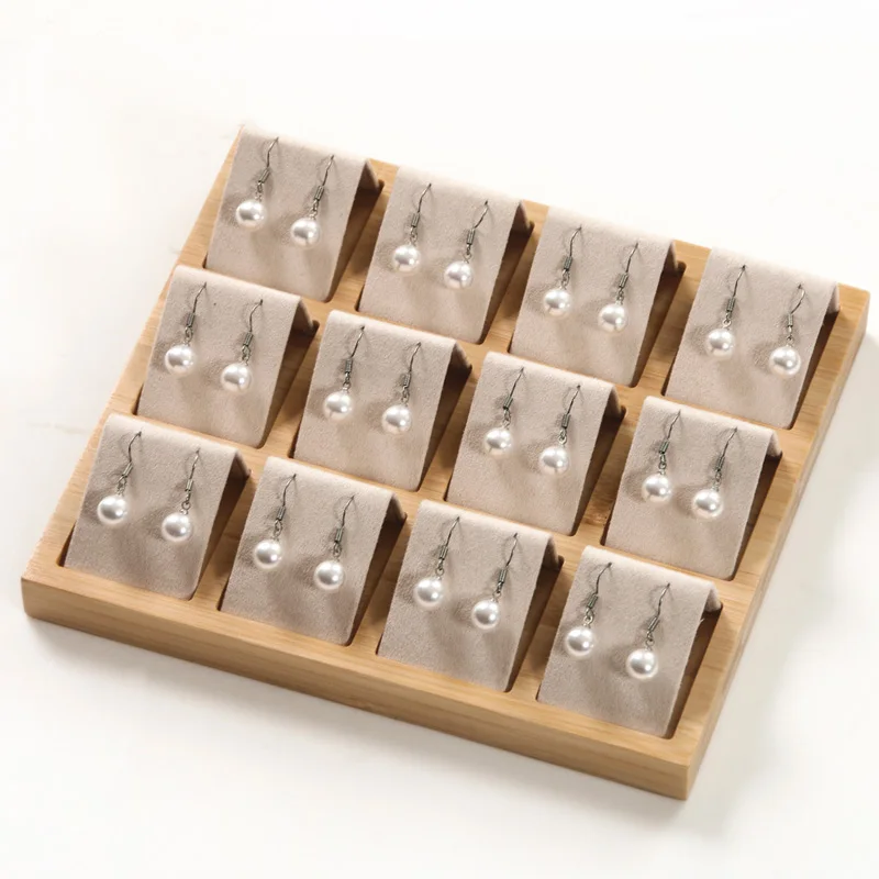 Beige Velvet Wood Tray New Wedding 12 Pairs Earring holder Wooden Beads Organizer Box Velvet Necklace Box  Jewelry Display Stand