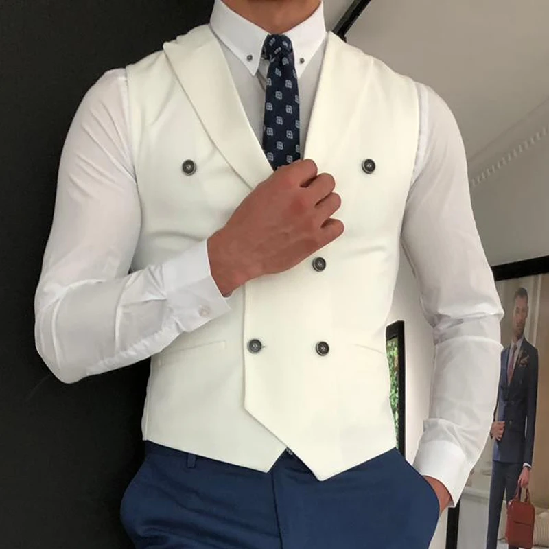 White Slim Fit Men Vest with Double Breasted One Piece Custom Male Suit Wasitcoat Peaked Lapel Wedding Gromsmen Waist Coat New