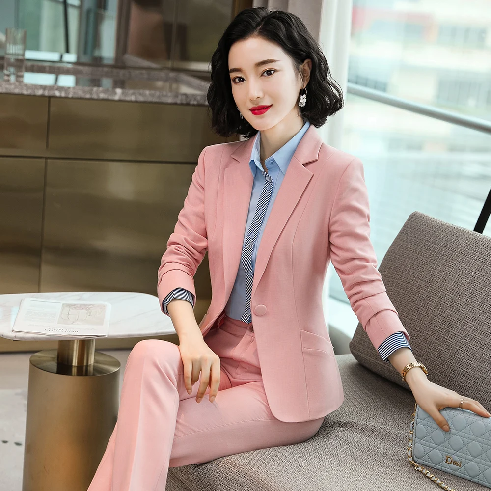 Red Black Blue Women Formal Blazer and Pant Suit With Slanted Pockets Single Button Jackets Two Pieces Set For Office Ladies