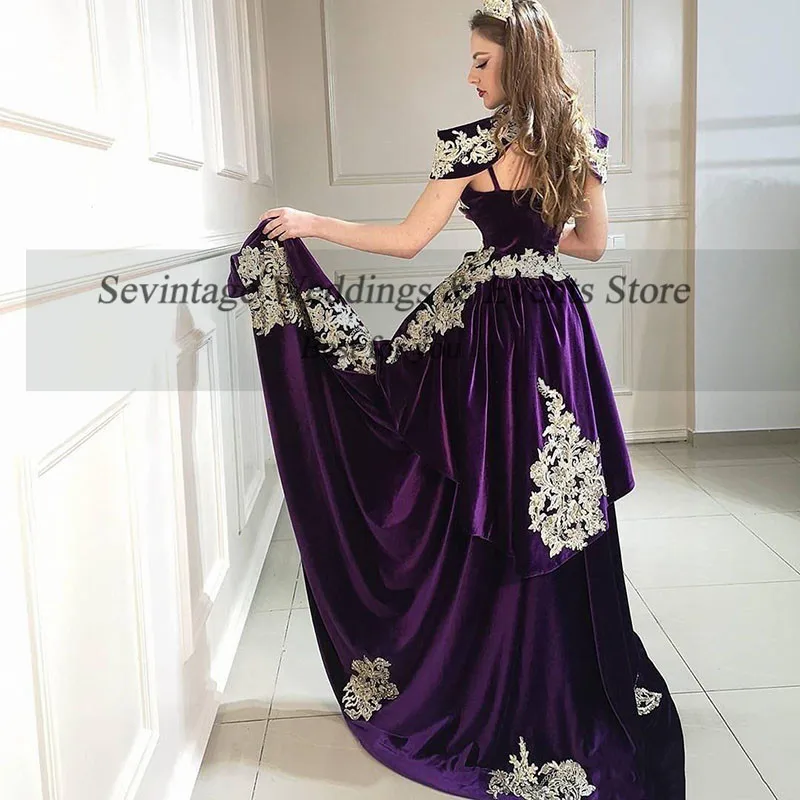 Customized High Neck Mermaid 3 Pieces Evening Dress Overskirt Velour Gold Lace Formal Dress vestido de noiva Algerian Outfit