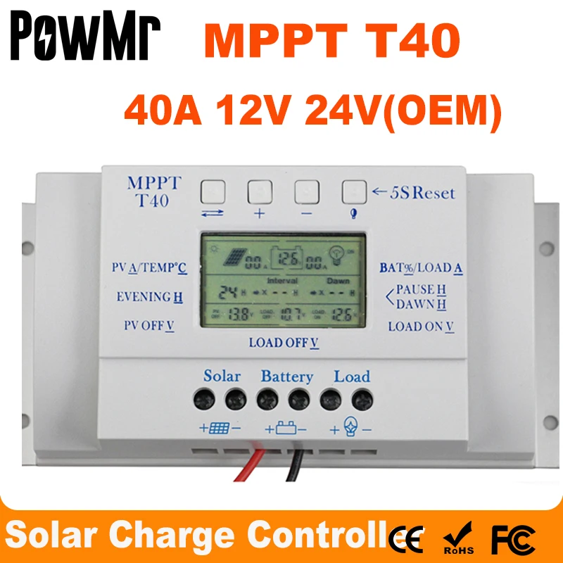 oem mppt 40a 12v 24v controlador de carga solar sem qualquer logotipo na superficie t40 lcd solar regulador preco por atacado para revenda 01