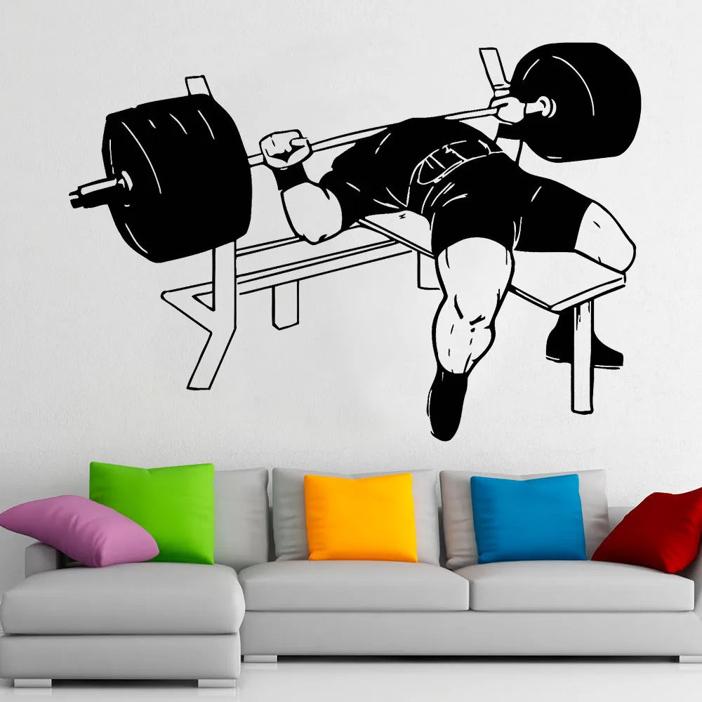 Bodybuilding Wall Decal Muscles Training Fitness Sport Barbell Workout Bench Press Gym Interior Decor Vinyl Window Stickers E193