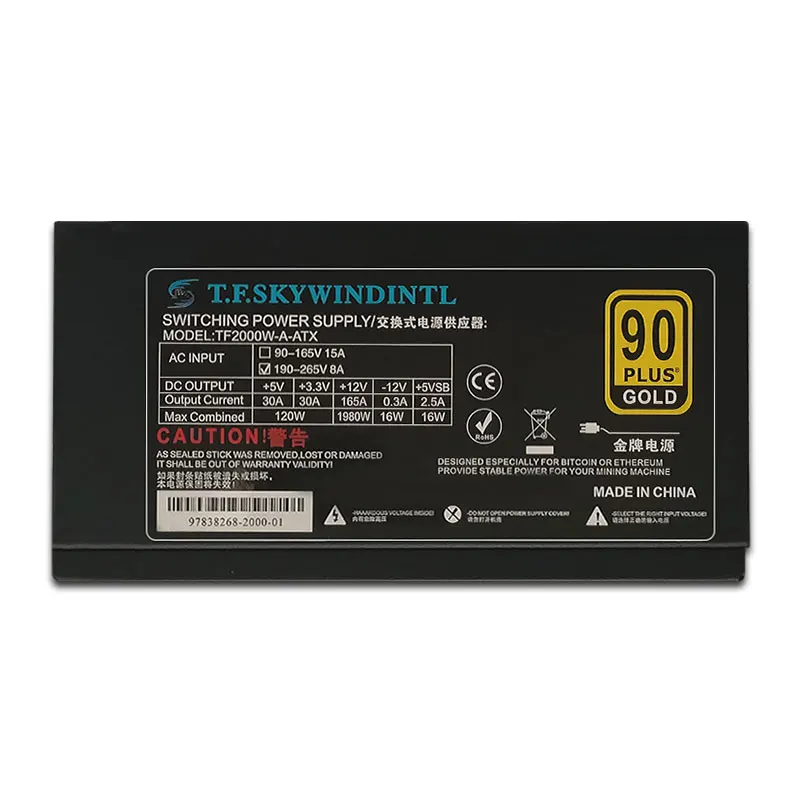 Desk PC Computer 2000W ATX 12V ETH Coin Mining Miner Power Supply PC Power Supply 8 Graphics Cards Bitcoin Miner Riser PSU 2000W