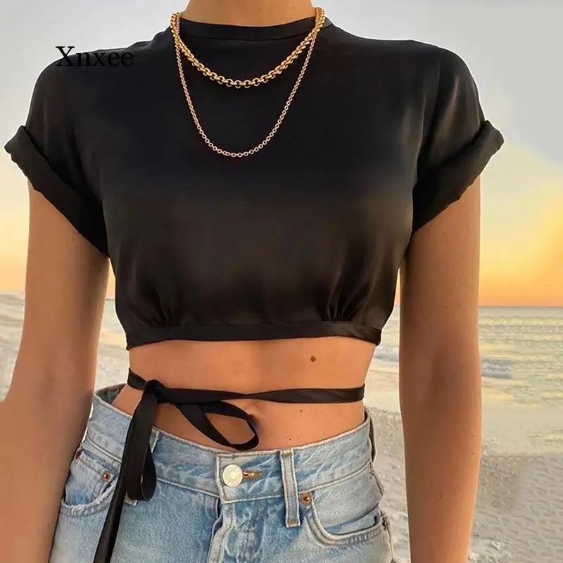 Satin Woman Tshirts Short Sleeve Tees Cut Out Backless Tie Up Crop Top Lady Party Black Casual Streetwear Y2K Clothes Tops