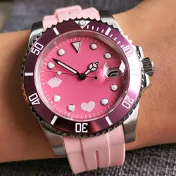 Bliger Pink Sapphire Men's Automatic Watch  NH35AA Movement Date Cyclops Rubber Strap Aluminum Bezel Insert Unisex