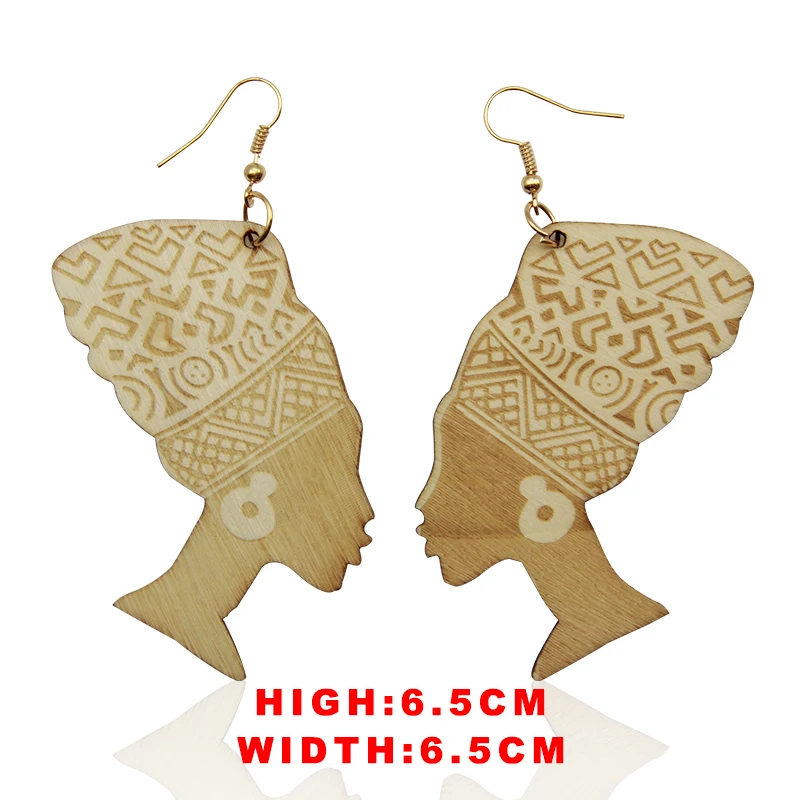 VOIKUKKA Jewelry Portrait Sculpture Head Wrap Laser Cutting Engraving Wooden Women Drop Dangle African Women Cute Earrings