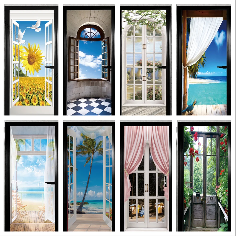 Seasons Landscape Window Stickers Door Sticker Self Adhesive PVC Waterproof Home Wall Decor Poster Decals Red Phone Booth Murals