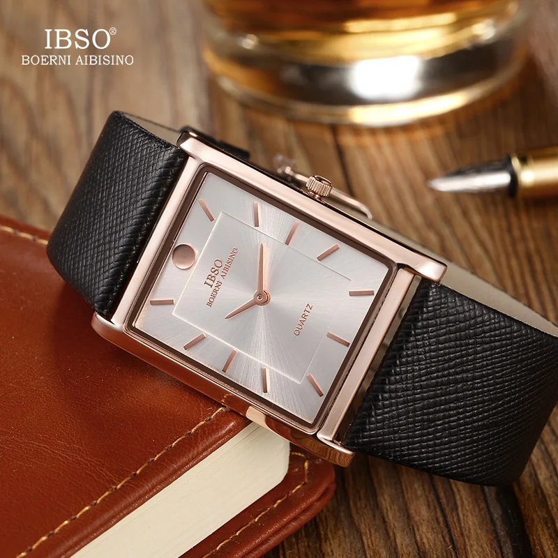 IBSO 7 MM Ultra-thin Square Case Design Mens Watches Genuine Leather Strap Fashion Luxury Quartz Watch Men Business Clock