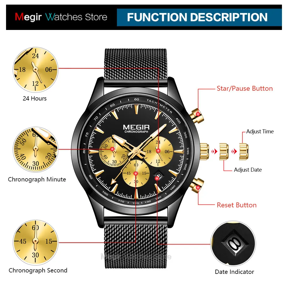 MEGIR Men\'s Watches Fashion Stainless Steel Mesh Strap Chronograph Quartz Watch Man Luxury Waterproof Luminous Wristwatch 2153