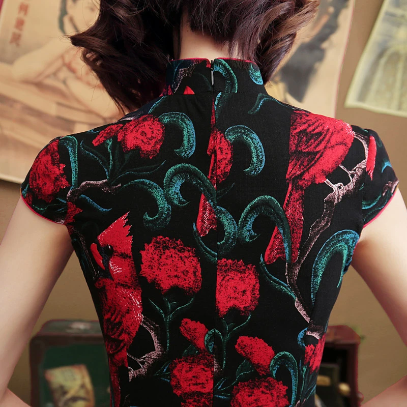 Black Red Nightingale Chinese Cheongsam Dress Stretch Cotton And Linen Plus Size Chipao 5XL 4XL Sexy Traditional Vintage Qipao