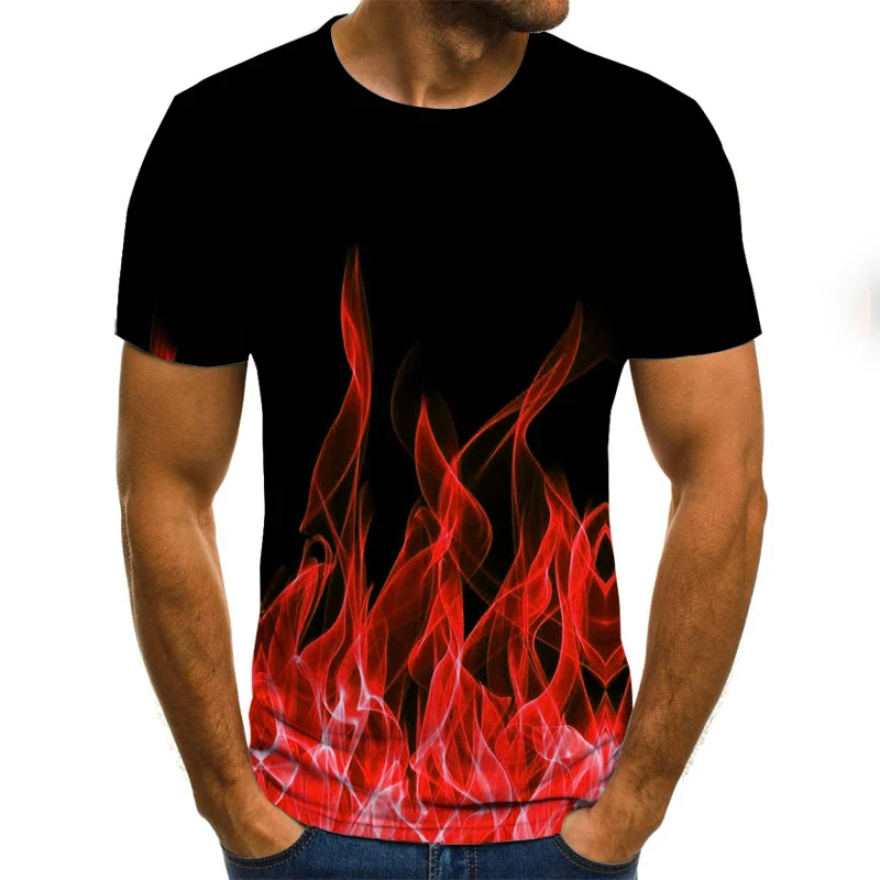 2021 new flame men\'s T-shirt summer fashion short-sleeved 3D round neck tops smoke element shirt trendy men\'s T-shirt