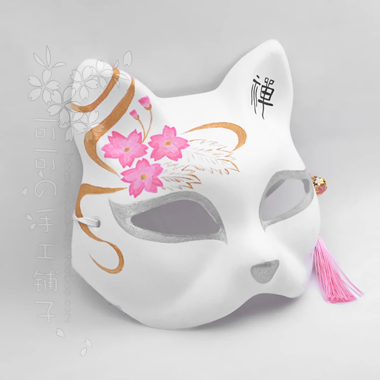 Fox Cat Mask Hand-Painted Japanese Style Cos Anime Cherry Blossom Zen Character Handmade Cosplay Dance Mask Customization