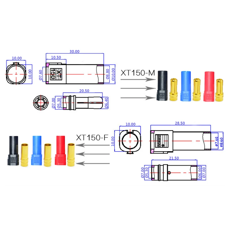 Original Amass XT150 Connector 6.0mm Male and Female Plug 130A Large Current High Rated Amps Model Aircraft Plug