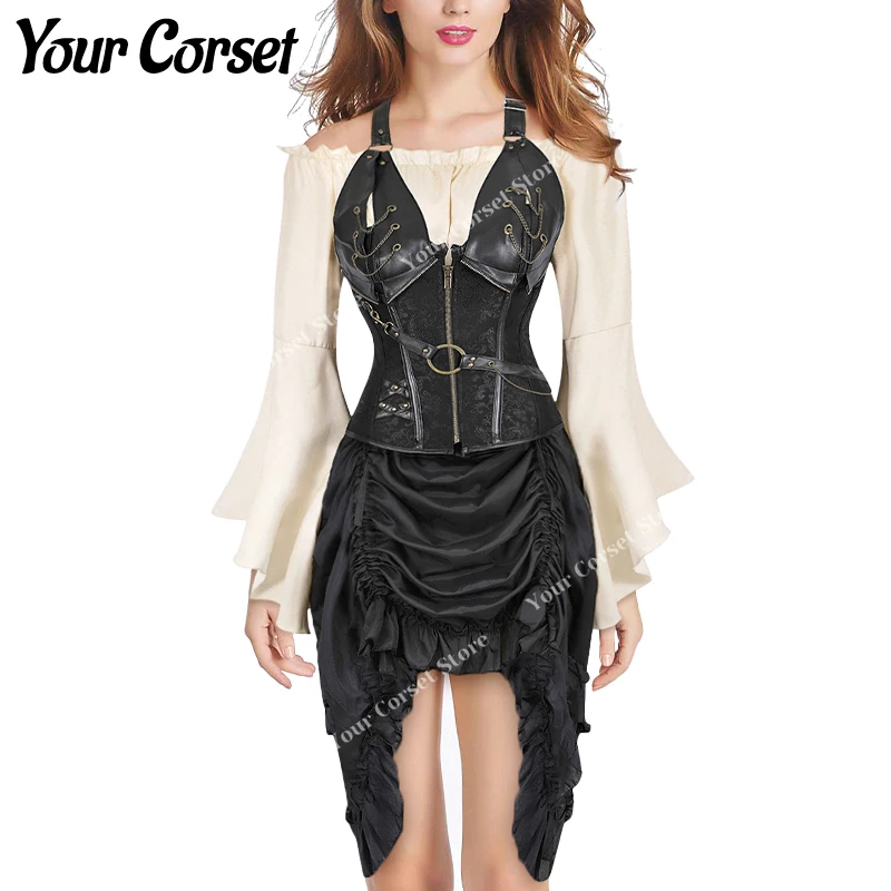 Women Steampunk Corset Dress Vintage Corset with Straps Three Piece Pirate Shirt with Corset Plus Size Vinking Costume Dress