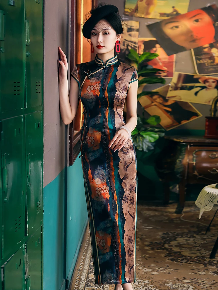 

Qipao Evening Dresses Silk Cheongsam Dress Printing Large Size Cheongsams Traditional Qipao Chinese Dress Oriental Dress