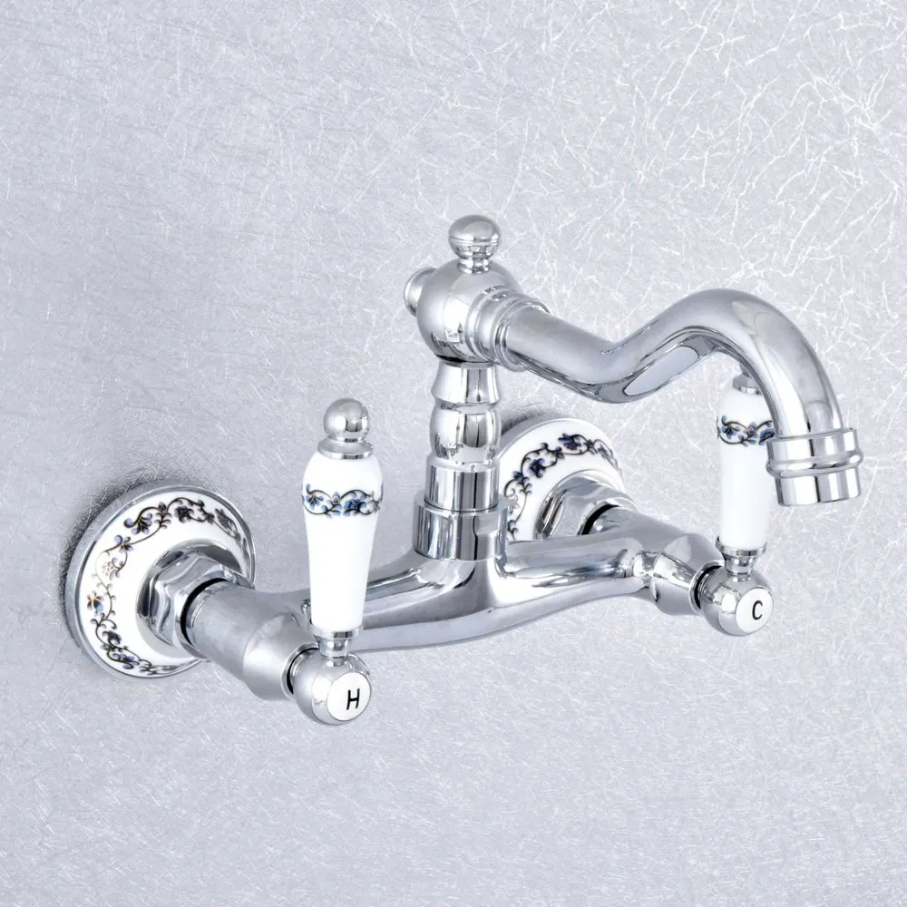 

Polished Chrome Bathroom Basin Swivel Spout Faucet Wall Mounted Dual Ceramic Handles Vessel Sink Mixer Taps zsf768