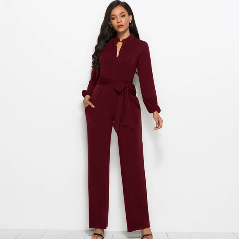 7Colors Elegant Lantern Sleeve Waist Bow Lace up Autumn Jumpsuit Women Office Casual Overalls Pockets Button Wide Leg Jumpsuits