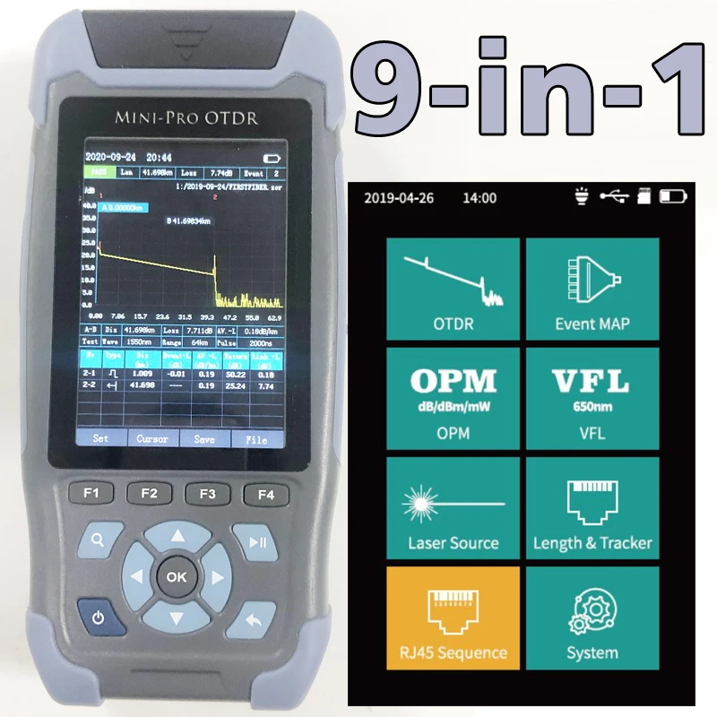 980REV Mini Pro OTDR Reflectometer 9 Functions in 1 Device OPM OLS VFL Event Map RJ45 Ethernet Cable Sequence Distance Tracker